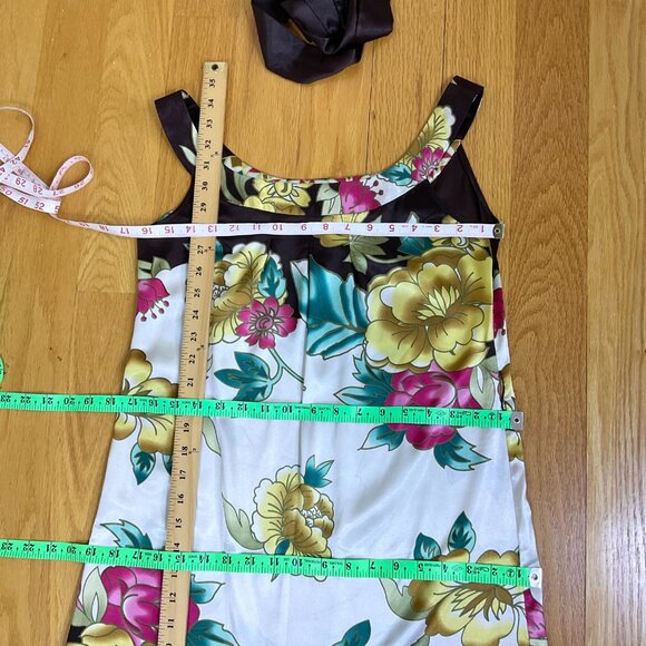 Geisha Dress Y2K Silk Floral Sleeveless Round Neck Brown Yellow Pink Aqua (S) - Picture 8 of 8